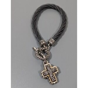 Bali Style Cross Charm Bracelet Black Multi Cord Two Tone 6.5"